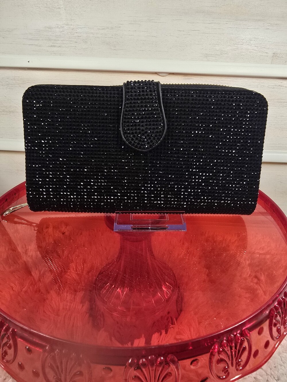 Black Crystal-Embellished Women's Wallet Clutch